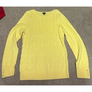 TALBOTS Women’s Yellow Cable Knit Sweater Long Button Shoulder Size L Lambs Wool
